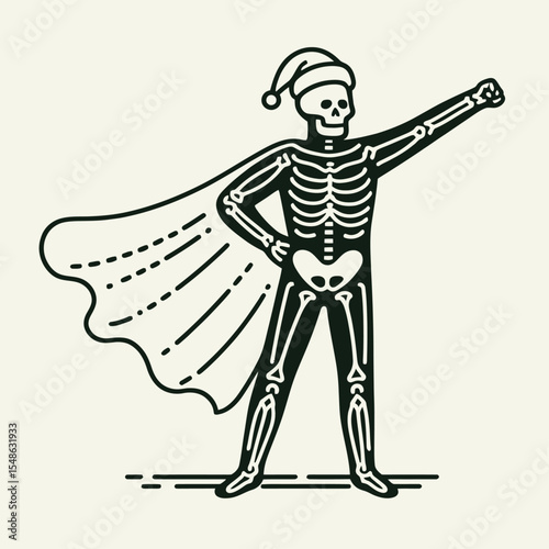 Skeleton wear santa hat striking a superhero pose with cape. Christmas Xmas Holiday Winter New Year Claus Clipart Line Art Vector Illustration. Bony figure dons headwear acting brave cloak.