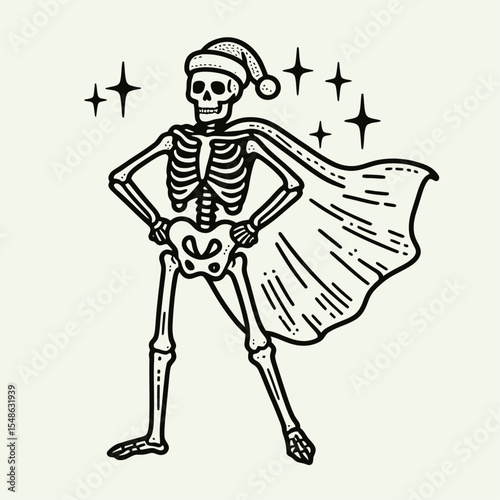 Skeleton wear santa hat striking a superhero pose with cape. Christmas Xmas Holiday Winter New Year Claus Clipart Line Art Vector Illustration. Bony figure cap in powerful hero stance.
