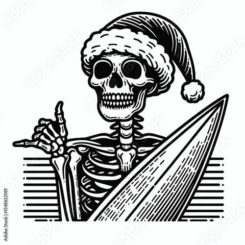  Skeleton wear santa hat Surfing. Christmas Xmas Holiday Winter New Year Claus Clipart Line Art Vector Illustration. Bony figure in yuletide cap riding ocean wave activity.
