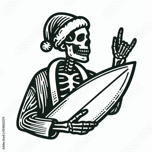  Skeleton wear santa hat Surfing. Christmas Xmas Holiday Winter New Year Claus Clipart Line Art Vector Illustration. Bony figure don cap ocean riding a joyful pastime activity.