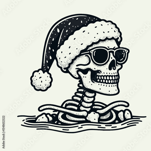  Skeleton wear santa hat Swimming. Christmas Xmas Holiday Winter New Year Claus Clipart Line Art Vector Illustration. Bony figure donning headgear doing a water sport stroke motion.
