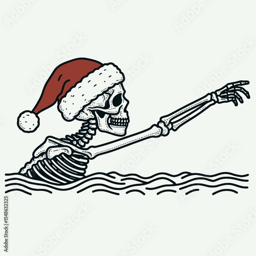  Skeleton wear santa hat Swimming. Christmas Xmas Holiday Winter New Year Claus Clipart Line Art Vector Illustration. Bony figure in yule cap doing water activity a chilly dip.