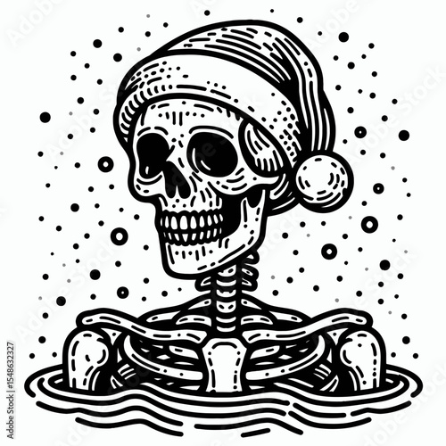  Skeleton wear santa hat Swimming. Christmas Xmas Holiday Winter New Year Claus Clipart Line Art Vector Illustration. Bony frame in headgear doing a water activity for fun.