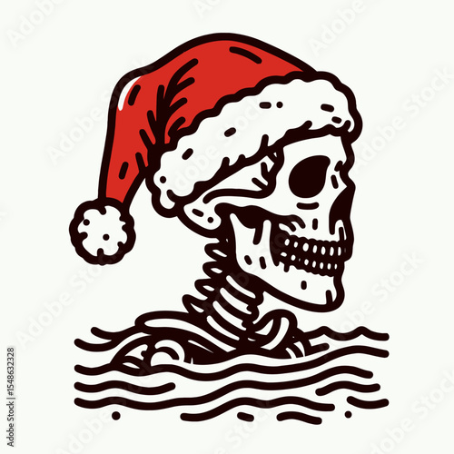  Skeleton wear santa hat Swimming. Christmas Xmas Holiday Winter New Year Claus Clipart Line Art Vector Illustration. Bony figure in yuletide headgear enjoying aquatic activity.