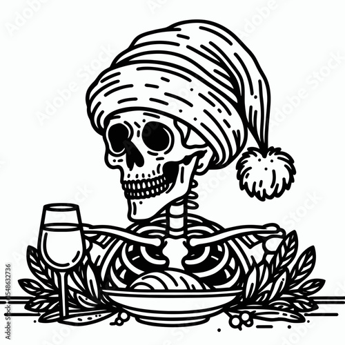 Skeleton wear santa hat Thanksgiving. Christmas Xmas Holiday Winter New Year Claus Clipart Line Art Vector Illustration. Bony figure don festive headgear autumn celebration.