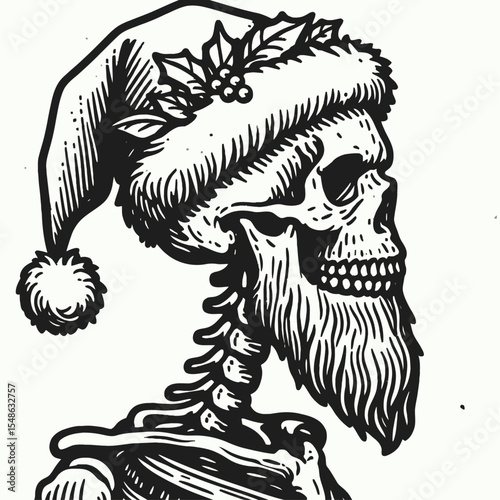  Skeleton wear santa hat Thanksgiving. Christmas Xmas Holiday Winter New Year Claus Clipart Line Art Vector Illustration. Bony figure with festive headwear for autumn occasion.