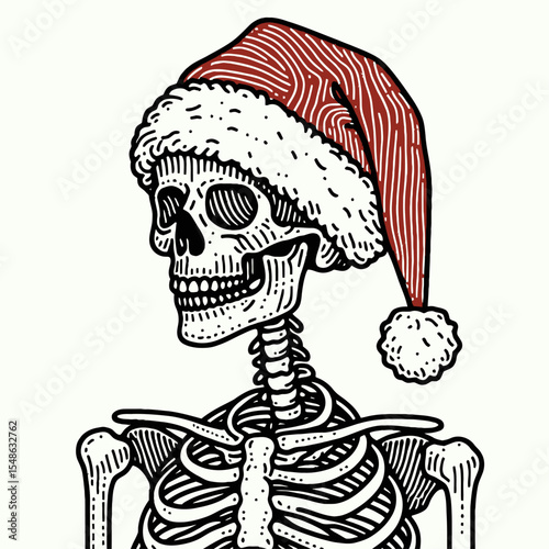  Skeleton wear santa hat Thanksgiving. Christmas Xmas Holiday Winter New Year Claus Clipart Line Art Vector Illustration. Bony figure donning headgear autumnal thankful celebration.