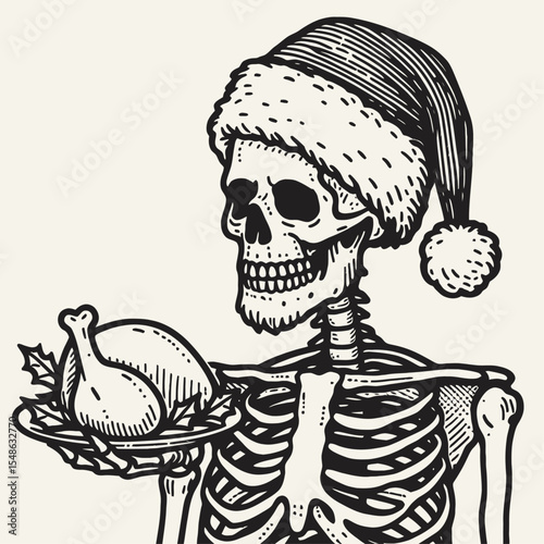  Skeleton wear santa hat Thanksgiving. Christmas Xmas Holiday Winter New Year Claus Clipart Line Art Vector Illustration. Bony figure dons festive headgear autumn celebration.