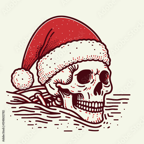  Skeleton wear santa hat Swimming. Christmas Xmas Holiday Winter New Year Claus Clipart Line Art Vector Illustration. Bony figure in headgear does water sport a seasonal bathing activity.