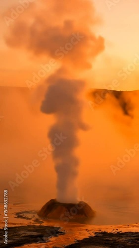 Geothermal geyser steam eruption with orange sunrise light over natural landscape. Earth power concept seamless looping 4k time-lapse animation video background