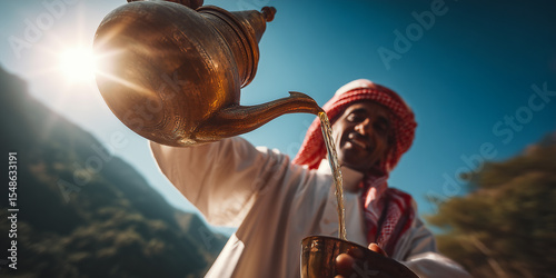Bedouin man pouring traditional tea in the desert mountains