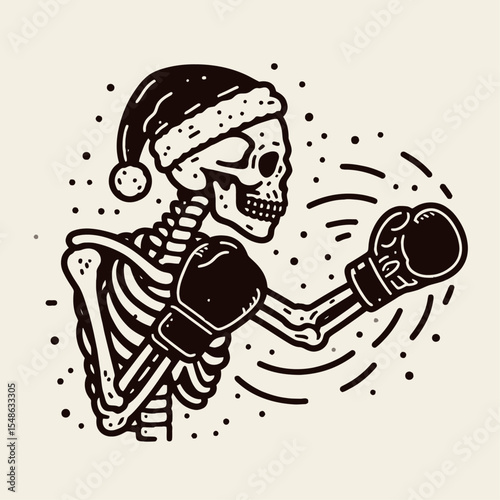 Skeleton wear santa hat throwing a punch with boxing gloves on. Christmas Xmas Holiday Winter New Year Claus Clipart Line Art Vector Illustration. Bony figure don cap delivering blow padded.