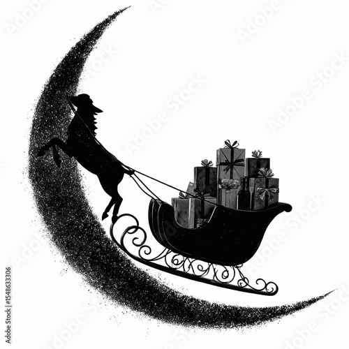 Monochrome Christmas Sleigh Ride on a Crescent Moon