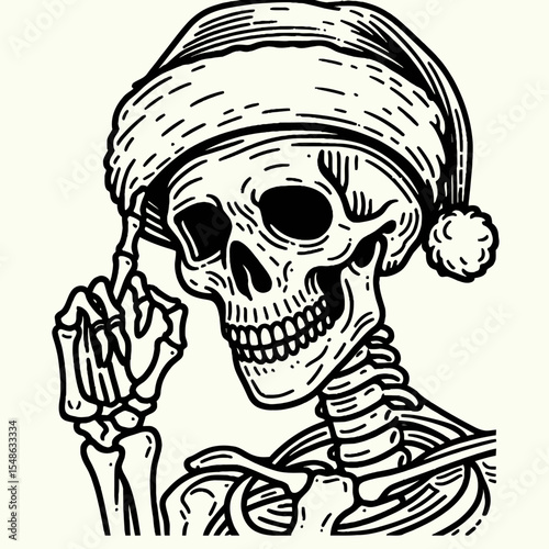  Skeleton wear santa hat tipping a with smirk. Christmas Xmas Holiday Winter New Year Claus Clipart Line Art Vector Illustration. Bony figure in headgear giving headwear jaunty lift cheeky.