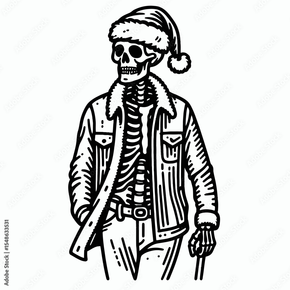 Fototapeta premium Skeleton wear santa hat walking with a swagger. Christmas Xmas Holiday Winter New Year Claus Clipart Line Art Vector Illustration. Bony being in yule cap struts cool pose festive season.