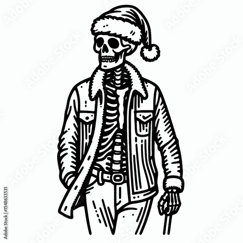  Skeleton wear santa hat walking with a swagger. Christmas Xmas Holiday Winter New Year Claus Clipart Line Art Vector Illustration. Bony being in yule cap struts cool pose festive season.