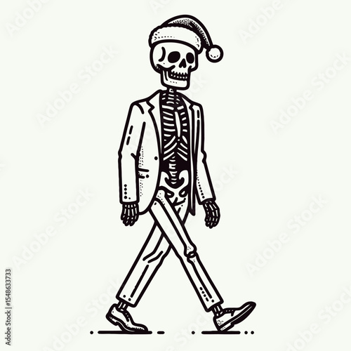  Skeleton wear santa hat walking with a swagger. Christmas Xmas Holiday Winter New Year Claus Clipart Line Art Vector Illustration. Bone figure sport festive headgear strut jovial stroll.