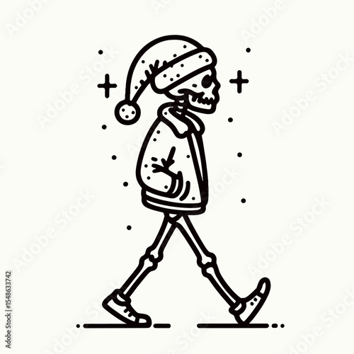 Skeleton wear santa hat walking with a swagger. Christmas Xmas Holiday Winter New Year Claus Clipart Line Art Vector Illustration. Bony being in yule cap struts cool pose festive season.