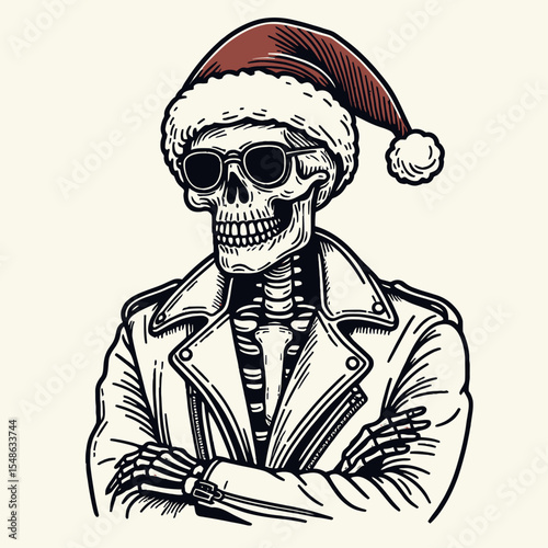  Skeleton wear santa hat wearing a leather jacket with arms folded. Christmas Xmas Holiday Winter New Year Claus Clipart Line Art Vector Illustration. Bony figure don headgear in biker coat.
