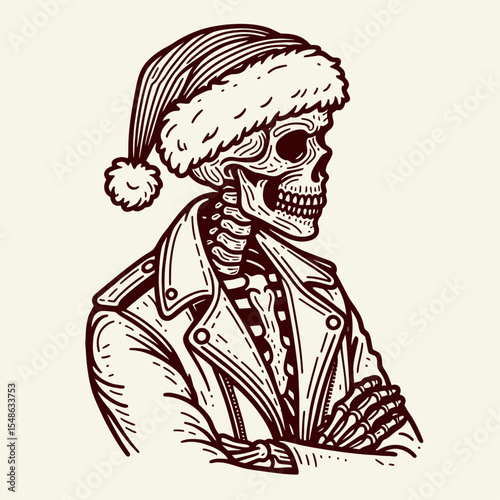  Skeleton wear santa hat wearing a leather jacket with arms folded. Christmas Xmas Holiday Winter New Year Claus Clipart Line Art Vector Illustration. Bone costume cap outerwear crossed.