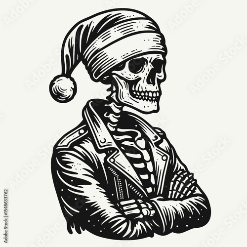 Skeleton wear santa hat wearing a leather jacket with arms folded. Christmas Xmas Holiday Winter New Year Claus Clipart Line Art Vector Illustration. Bone costume cap outerwear crossed.