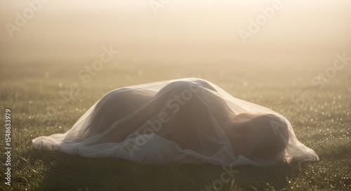 Faint morning mist wrapping a resting form in subtle sunshine