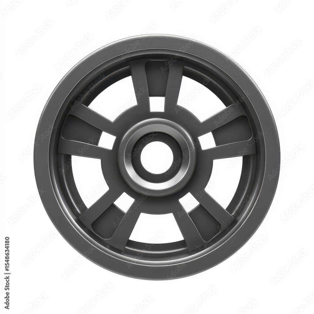Obraz premium Dark Gray Metal Pulley with Eight Spokes on White Background