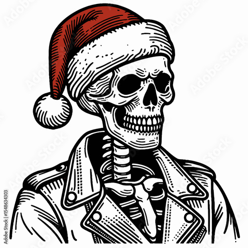  Skeleton wear santa hat wearing a leather jacket with arms folded. Christmas Xmas Holiday Winter New Year Claus Clipart Line Art Vector Illustration. Bony figure don headgear in biker.