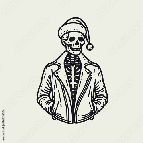 Skeleton wear santa hat wearing a leather jacket with arms folded. Christmas Xmas Holiday Winter New Year Claus Clipart Line Art Vector Illustration. Bony figure don headgear in biker coat.