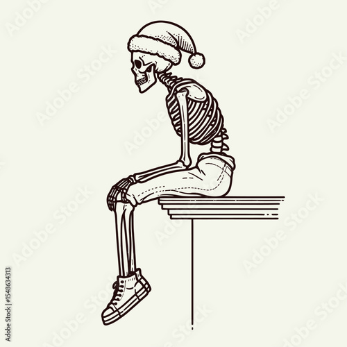  Skeleton wear santa hat with one foot on a ledge looking out. Christmas Xmas Holiday Winter New Year Claus Clipart Line Art Vector Illustration. Bony figure in headgear edge viewing vista.