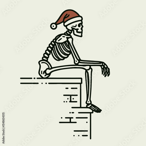 Skeleton wear santa hat with one foot on a ledge looking out. Christmas Xmas Holiday Winter New Year Claus Clipart Line Art Vector Illustration. Bony figure in headgear edge viewing vista.