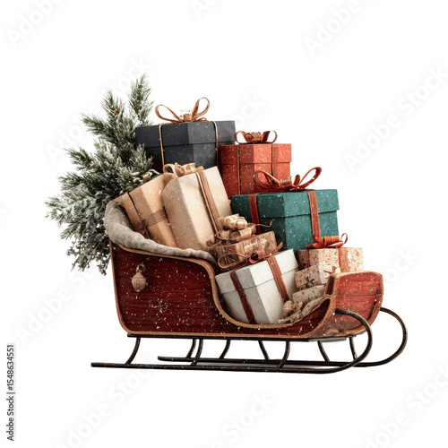 Santa's Sleigh Overflowing with Christmas Presents and Evergreen Boughs