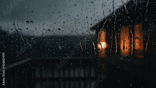 Water droplets on window glass with blurred warm lights in cabin during rainy night. Weather mood concept seamless looping 4k time-lapse animation video background