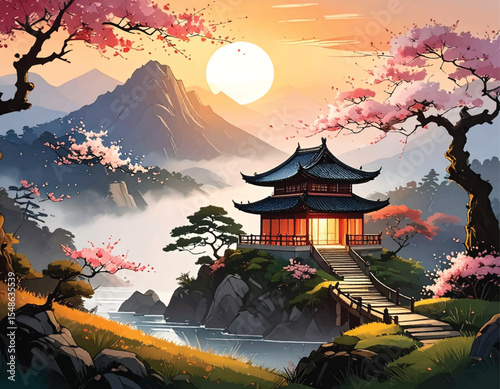 Calm Zen landscape with oriental temple and cherry trees. Serene traditional Japanese temple. Peaceful sunset over Japanese Zen garden with sakura. Zen landscape with river, mountain, and sakura trees