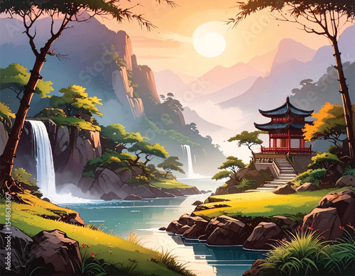Zen-inspired nature scenery with cascading waterfalls. Calm and serene landscape. Beautiful traditional Chinese landscape with a temple. Peaceful mountains with cascading waterfalls and temples