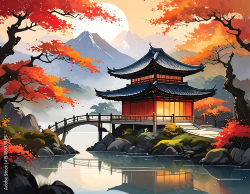 Tranquil Zen garden with autumn foliage and traditional architecture. Peaceful traditional Japanese temple in autumn. Calm river and bridge with Japanese architecture in autumn. Zen-inspired artwork