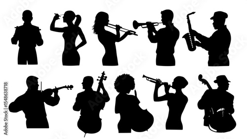 High-contrast black-and-white silhouette grid of diverse instrumentalists in profile and frontal poses, emphasizing form and movement through outline alone.”