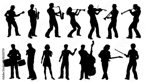 High-contrast black-and-white silhouette grid of diverse instrumentalists in profile and frontal poses, emphasizing form and movement through outline alone.”