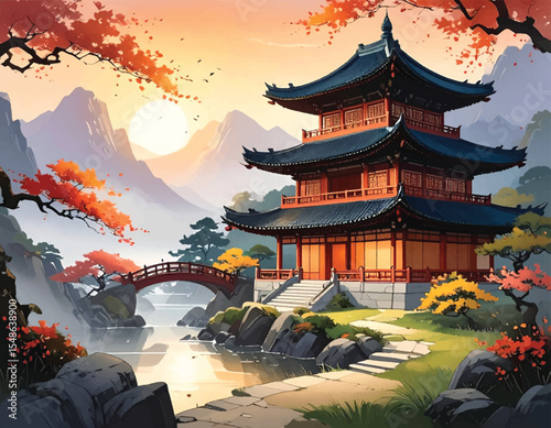 Tranquil bridge over river with autumn trees, temple. Peaceful Japanese temple near the water surrounded by autumn colors. Zen garden with traditional architecture under autumn skies. Quiet river view