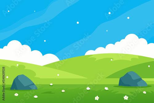 Summer camping in the green mountain landscape with a tent under a blue sky, surrounded by trees, meadows, and wildflowers