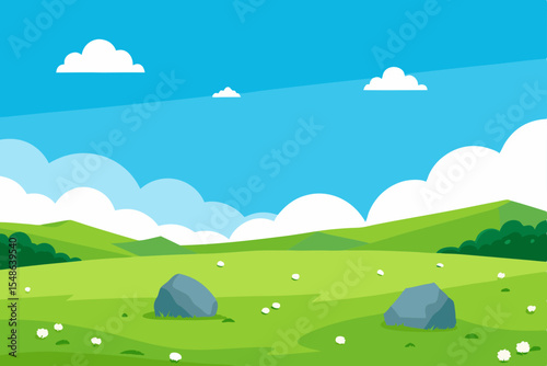 Rural vector landscape illustration featuring mountains, green fields, and a blue sky with clouds, evoking a summer or spring nature view