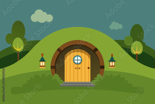 Vector illustration of a rural house on a green hill with trees, a sunny sky, and a distant village