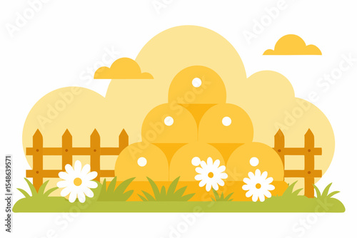 This illustration depicts a vibrant spring and summer countryside landscape, featuring a fence, green grass, colorful flowers, and trees under a sunny, cloudy sky