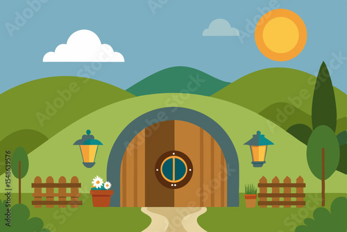 Vector illustration of a rural house on a green hill with trees, a sunny sky, and a distant village