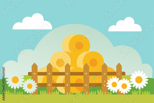 This illustration depicts a vibrant spring and summer countryside landscape, featuring a fence, green grass, colorful flowers, and trees under a sunny, cloudy sky
