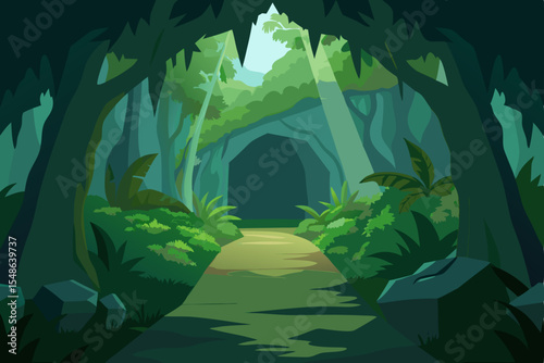 Mysterious Jungle Cave Entrance Lush Foliage and Sunbeams