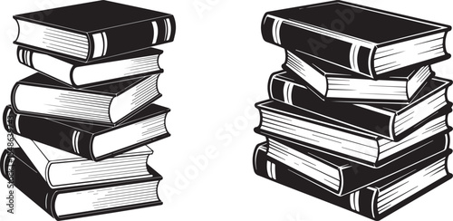 Collection Set of Stack of Books Silhouette Vector Set in Black and White with Vintage Style