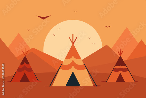 Sunset over Native American Teepees Desert Landscape Illustration
