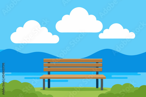 Serene Lakeside Bench Peaceful Park Scene Illustration