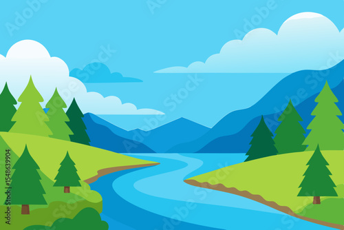 Serene River Landscape Majestic Mountains and Lush Green Valley